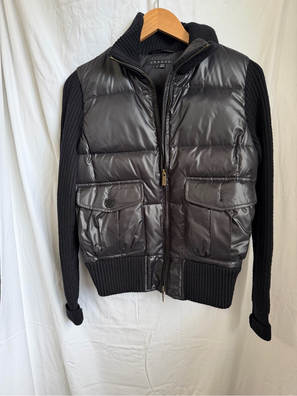 Theory Black Quilted Puffer Jacket with Knit Sleeves